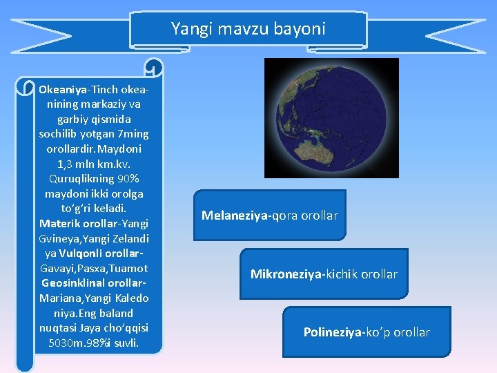 Yangi mavzu bayoni Okeaniya-Tinch okeanining markaziy va garbiy qismida sochilib yotgan 7 ming orollardir.