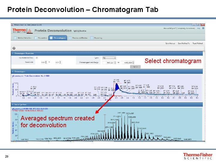 Protein Deconvolution – Chromatogram Tab Select chromatogram Averaged spectrum created for deconvolution 29 