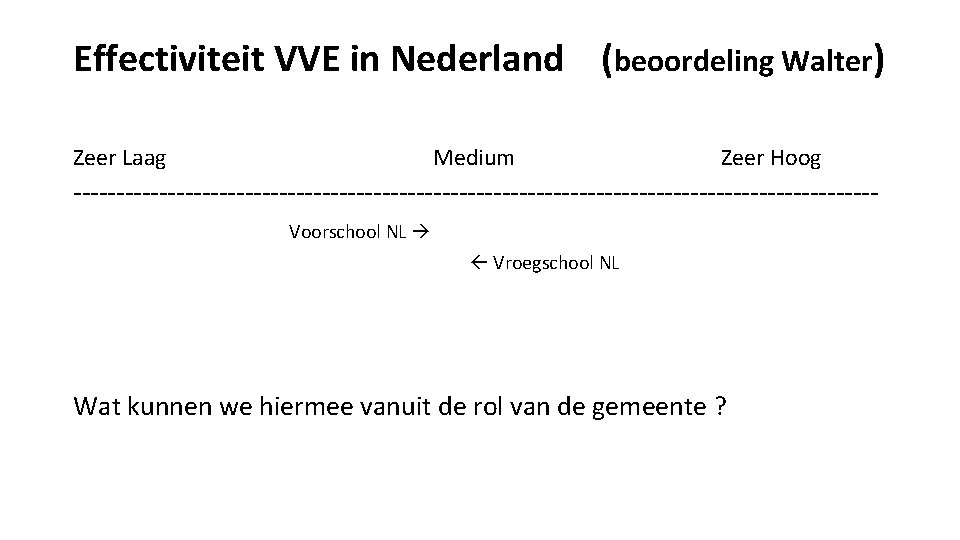 Effectiviteit VVE in Nederland (beoordeling Walter) Zeer Laag Medium Zeer Hoog -----------------------------------------------Voorschool NL Vroegschool