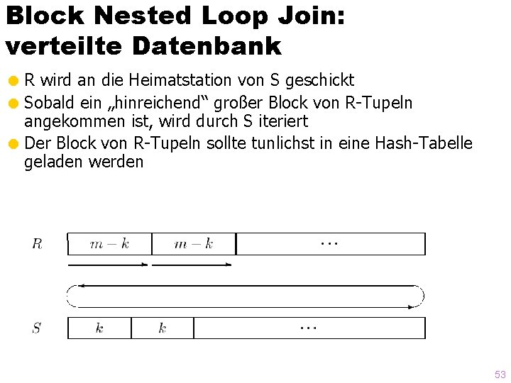 Block Nested Loop Join: verteilte Datenbank = R wird an die Heimatstation von S