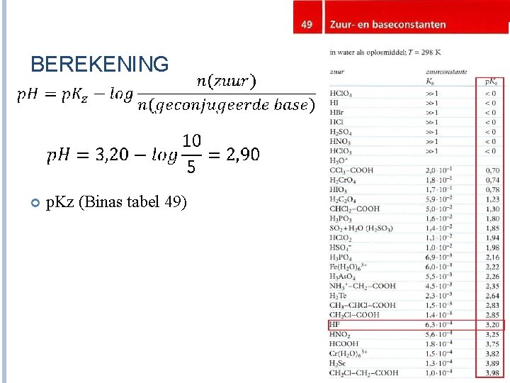 BEREKENING p. Kz (Binas tabel 49) 