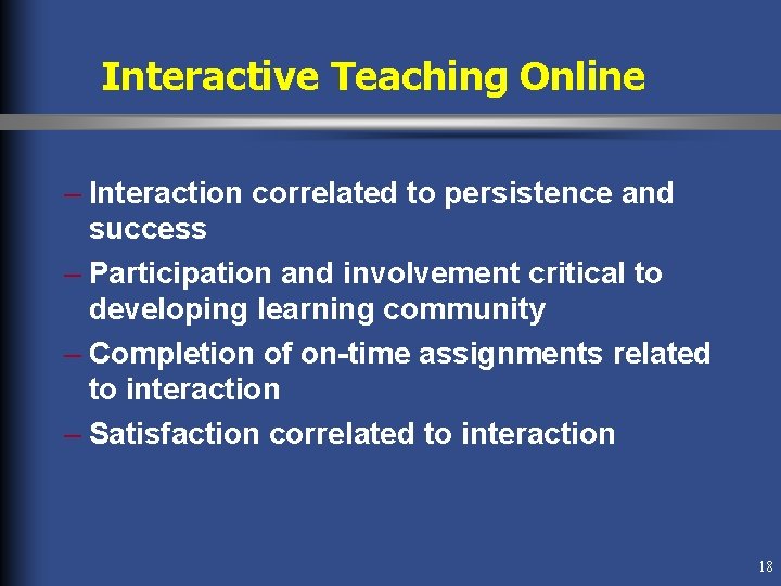 Interactive Teaching Online – Interaction correlated to persistence and success – Participation and involvement Interactive Teaching Online – Interaction correlated to persistence and success – Participation and involvement