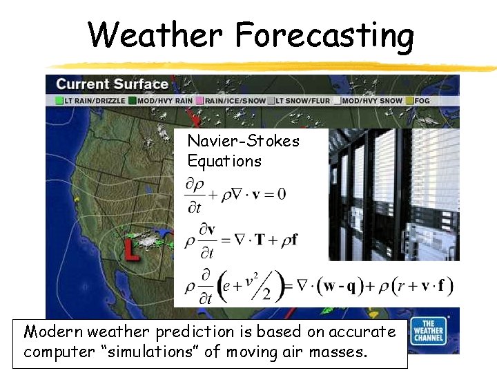 Weather Forecasting Navier-Stokes Equations Modern weather prediction is based on accurate computer “simulations” of