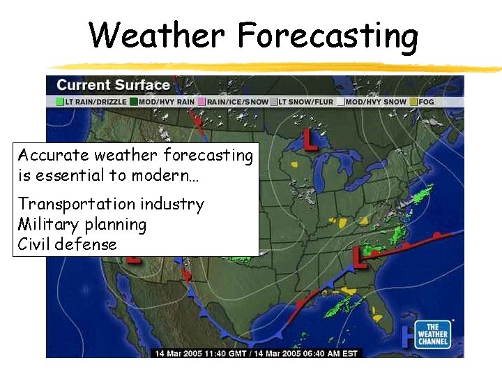 Weather Forecasting Accurate weather forecasting is essential to modern… Transportation industry Military planning Civil