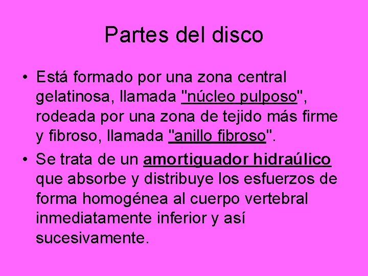 Partes del disco • Está formado por una zona central gelatinosa, llamada "núcleo pulposo",
