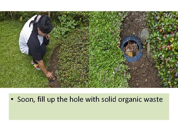  • Soon, fill up the hole with solid organic waste 