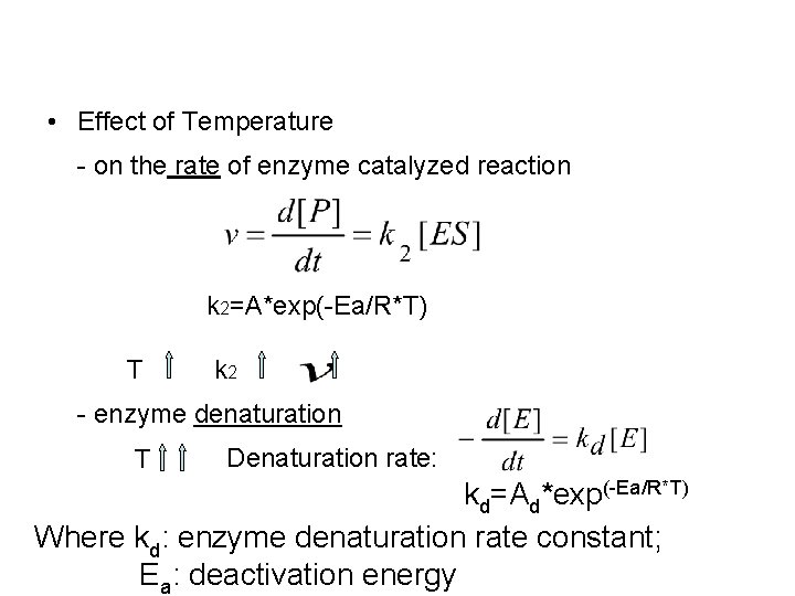  • Effect of Temperature - on the rate of enzyme catalyzed reaction k