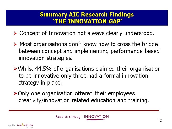 Summary AIC Research Findings ‘THE INNOVATION GAP’ Ø Concept of Innovation not always clearly