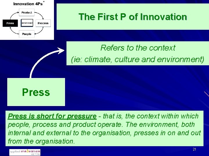 The First P of Innovation Refers to the context (ie: climate, culture and environment)