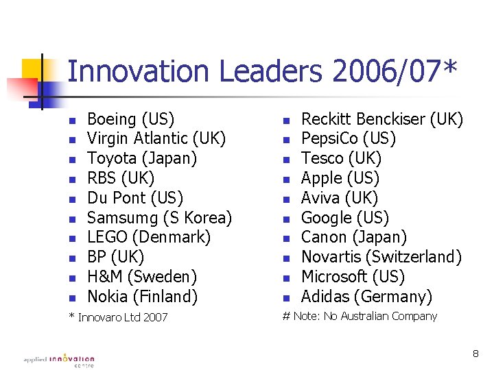 Innovation Leaders 2006/07* n n n n n Boeing (US) Virgin Atlantic (UK) Toyota