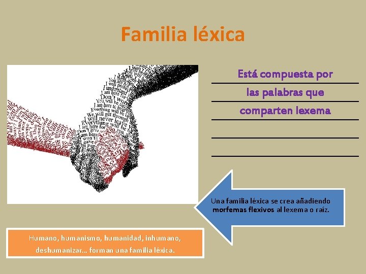 Familia léxica Está compuesta por las palabras que comparten lexema Una familia léxica se