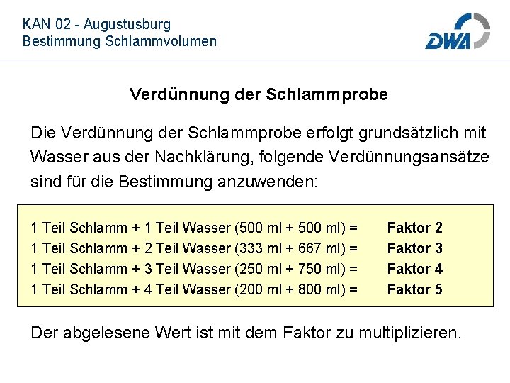 KAN 02 - Augustusburg Bestimmung Schlammvolumen Verdünnung der Schlammprobe Die Verdünnung der Schlammprobe erfolgt