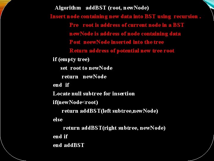 Algorithm add. BST (root, new. Node) Insert node containing new data into BST using