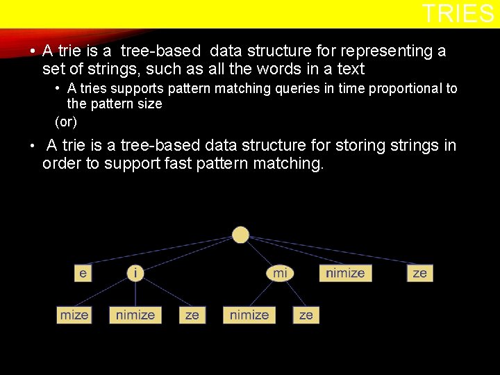 TRIES • A trie is a tree-based data structure for representing a set of