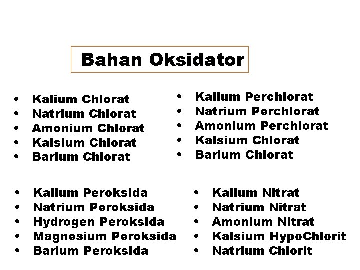 Bahan Oksidator • • • Kalium Chlorat Natrium Chlorat Amonium Chlorat Kalsium Chlorat Barium