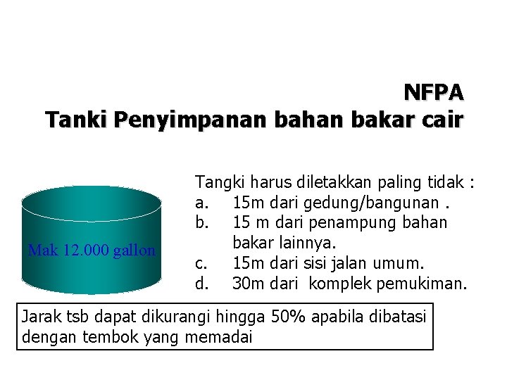 NFPA Tanki Penyimpanan bahan bakar cair Mak 12. 000 gallon Tangki harus diletakkan paling