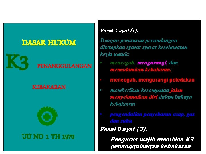 Pasal 3 ayat (1). DASAR HUKUM K 3 PENANGGULANGAN KEBAKARAN UU NO 1 TH