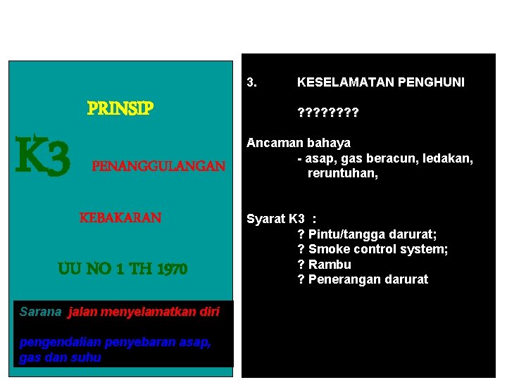 3. K 3 PRINSIP PENANGGULANGAN KEBAKARAN UU NO 1 TH 1970 Sarana jalan menyelamatkan