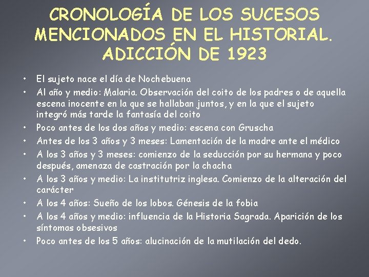 CRONOLOGÍA DE LOS SUCESOS MENCIONADOS EN EL HISTORIAL. ADICCIÓN DE 1923 • • •