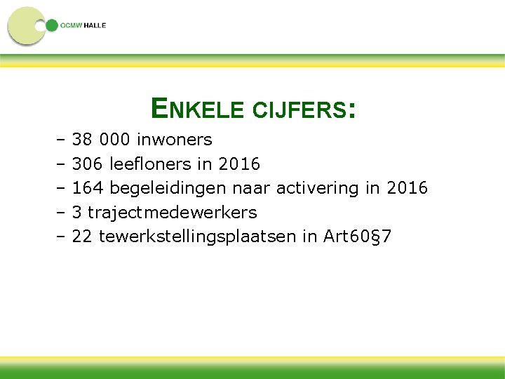 ENKELE CIJFERS: – 38 000 inwoners – 306 leefloners in 2016 – 164 begeleidingen