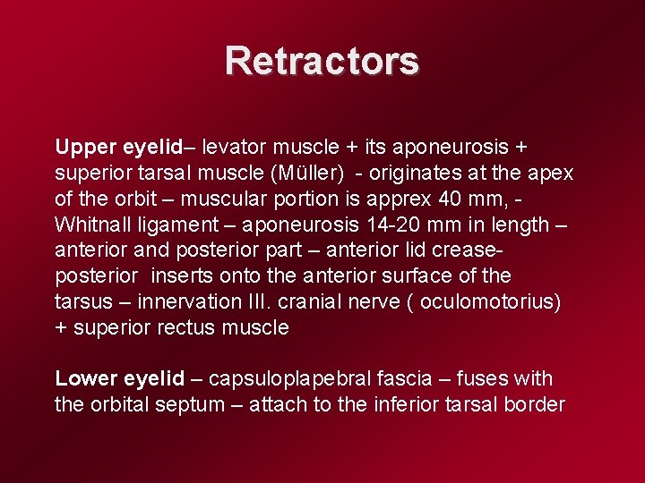 Retractors Upper eyelid– levator muscle + its aponeurosis + superior tarsal muscle (Müller) -