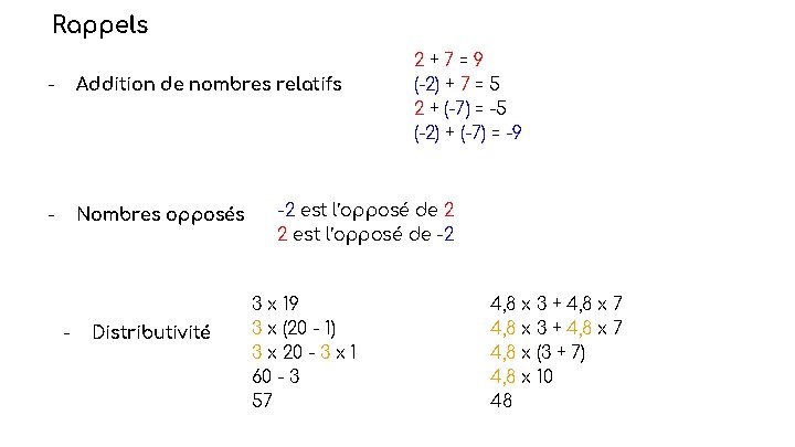 Rappels - Addition de nombres relatifs - Nombres opposés - Distributivité 2+7=9 (-2) +