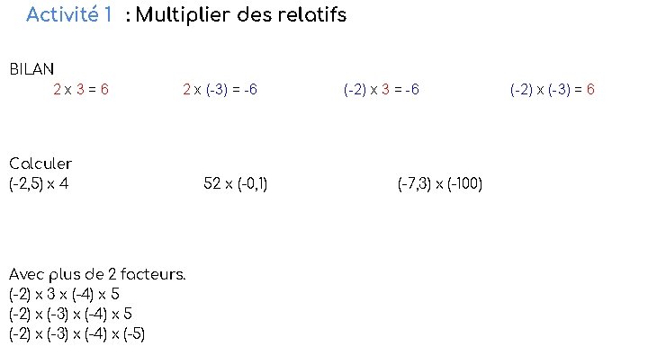 Activité 1 : Multiplier des relatifs BILAN 2 x 3=6 2 x (-3) =