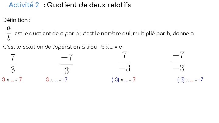 Activité 2 : Quotient de deux relatifs Définition : est le quotient de a