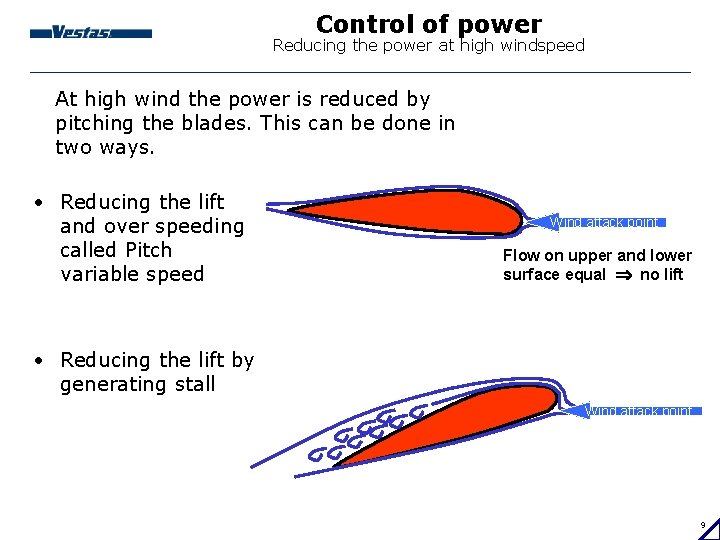 Control of power Reducing the power at high windspeed At high wind the power