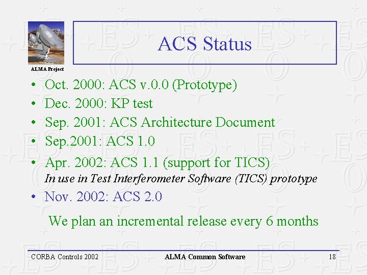 ACS Status ALMA Project • • • Oct. 2000: ACS v. 0. 0 (Prototype)