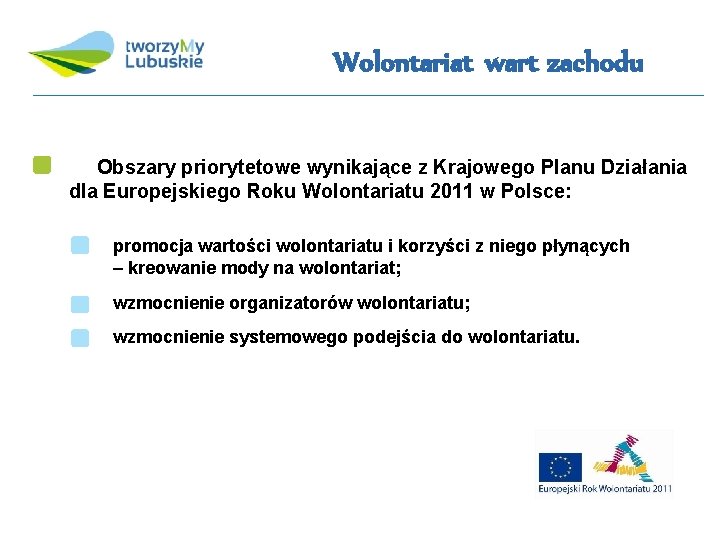 Wolontariat wart zachodu Obszary priorytetowe wynikające z Krajowego Planu Działania dla Europejskiego Roku Wolontariatu