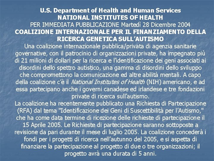U. S. Department of Health and Human Services NATIONAL INSTITUTES OF HEALTH PER IMMEDIATA
