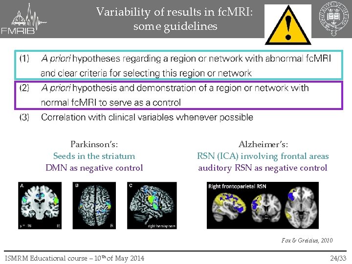 Variability of results in fc. MRI: some guidelines Parkinson’s: Seeds in the striatum DMN
