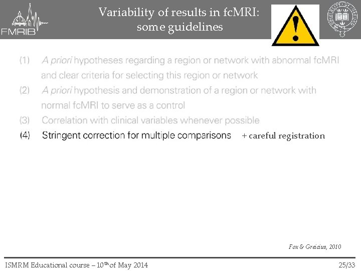 Variability of results in fc. MRI: some guidelines + careful registration Fox & Greicius,