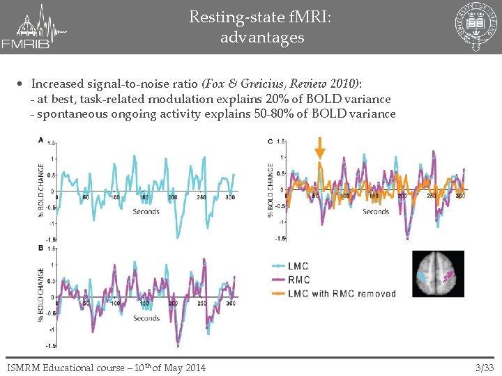 Resting-state f. MRI: advantages • Increased signal-to-noise ratio (Fox & Greicius, Review 2010): -