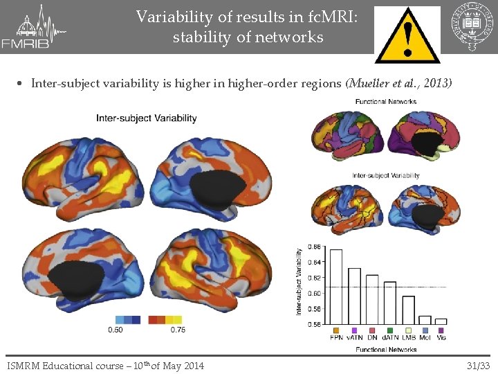 Variability of results in fc. MRI: stability of networks • Inter-subject variability is higher