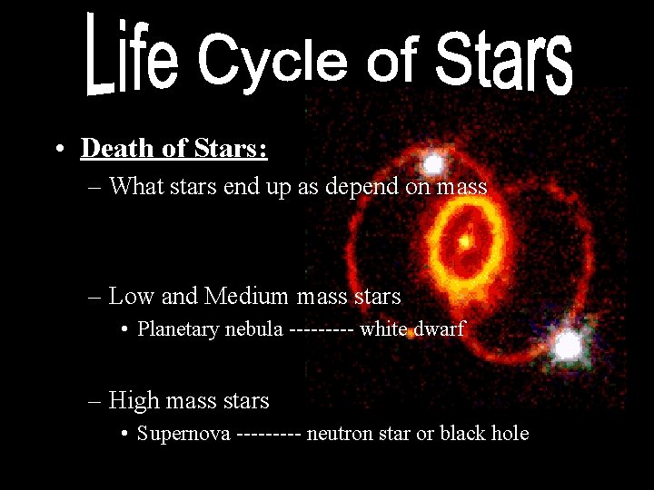  • Death of Stars: – What stars end up as depend on mass