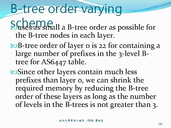B-tree order varying scheme uses as small a B-tree order as possible for the