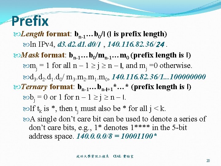 Prefix Length format: bn-1…b 0/l (l is prefix length) In IPv 4, d 3.