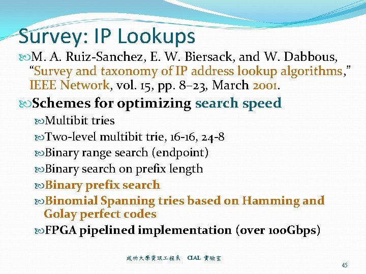 Survey: IP Lookups M. A. Ruiz-Sanchez, E. W. Biersack, and W. Dabbous, “Survey and