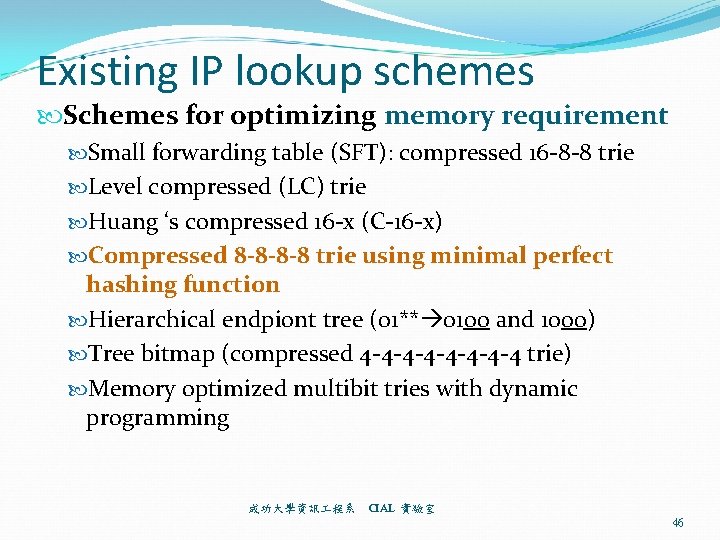 Existing IP lookup schemes Schemes for optimizing memory requirement Small forwarding table (SFT): compressed