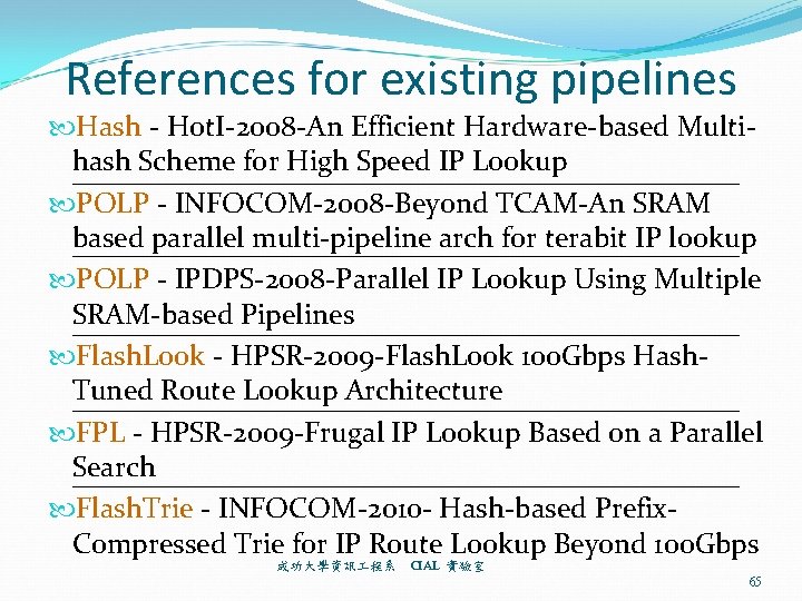 References for existing pipelines Hash - Hot. I-2008 -An Efficient Hardware-based Multihash Scheme for