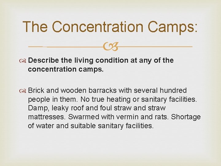 The Concentration Camps: Describe the living condition at any of the concentration camps. Brick