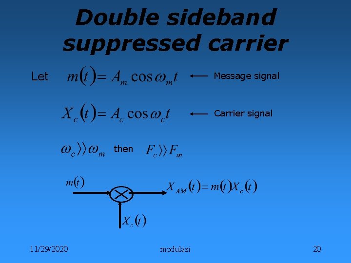 Double sideband suppressed carrier Let Message signal Carrier signal then 11/29/2020 modulasi 20 