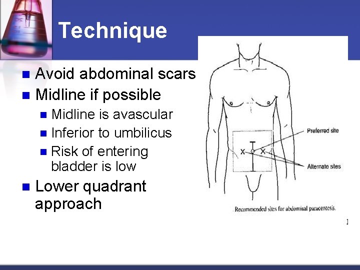 Technique Avoid abdominal scars n Midline if possible n Midline is avascular n Inferior