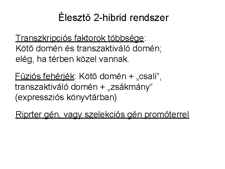 Élesztő 2 -hibrid rendszer Transzkripciós faktorok többsége: Kötő domén és transzaktiváló domén; elég, ha