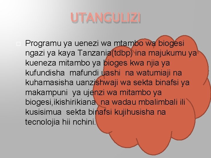 UTANGULIZI Programu ya uenezi wa mtambo wa biogesi ngazi ya kaya Tanzania(tdbp) ina majukumu