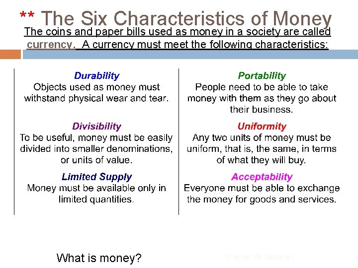 ** The Six Characteristics of Money The coins and paper bills used as money