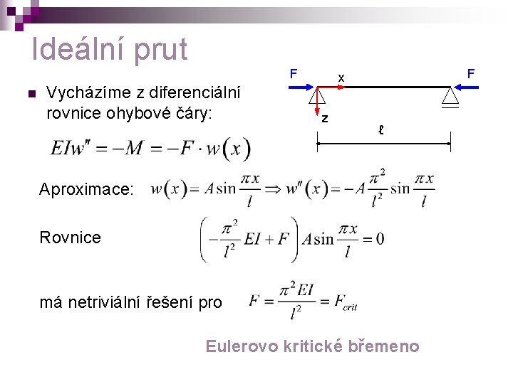 Ideální prut n F Vycházíme z diferenciální rovnice ohybové čáry: F x z ℓ