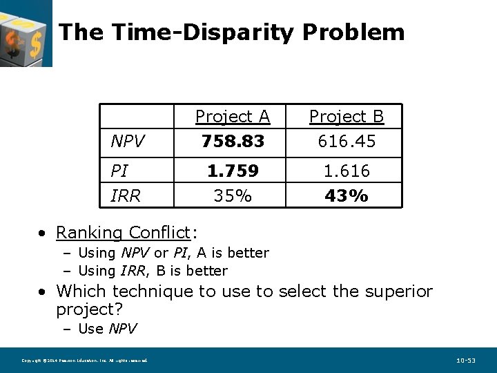 The Time-Disparity Problem NPV Project A 758. 83 Project B 616. 45 PI IRR